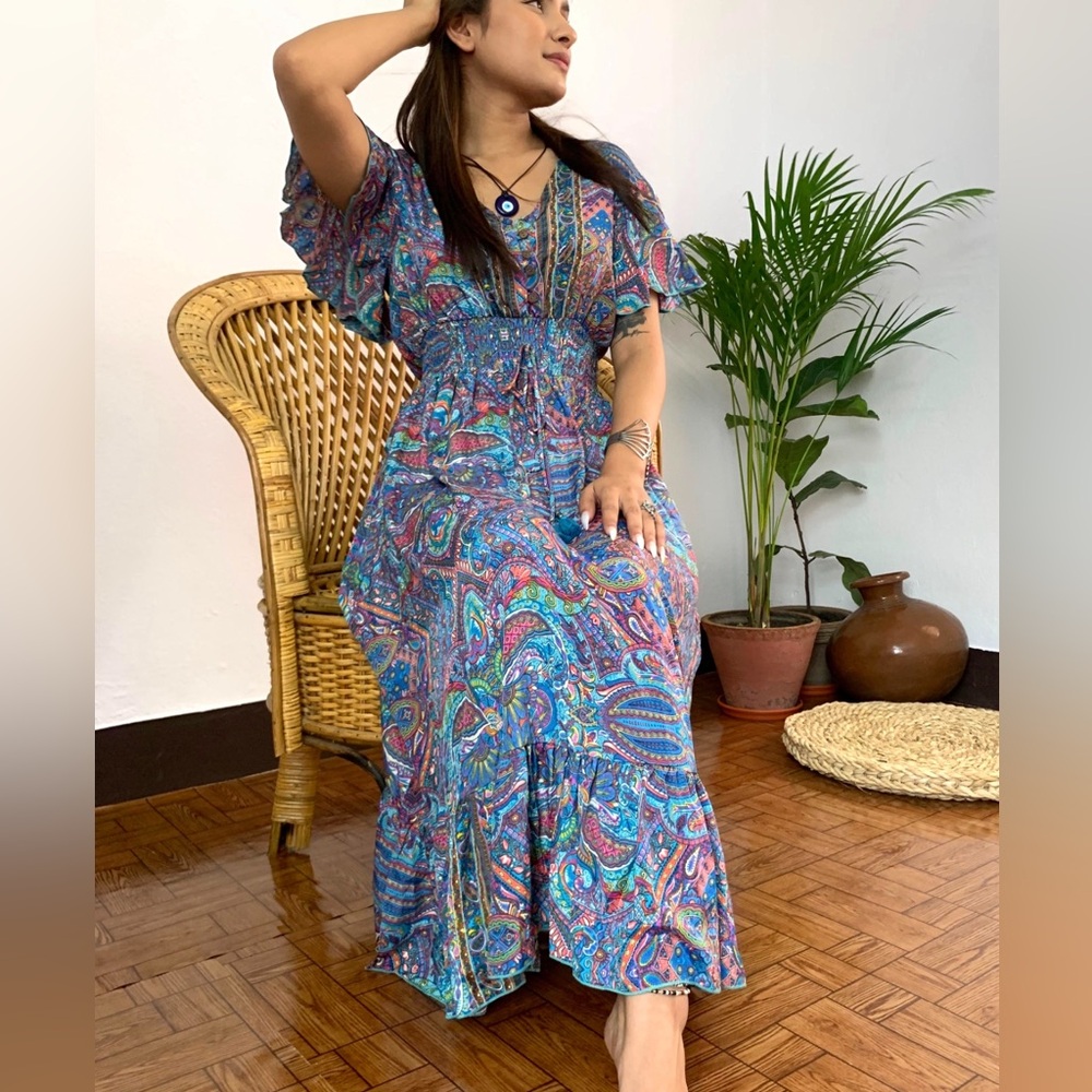 Paisley Print Half Butterfly Sleeves Midi Dress